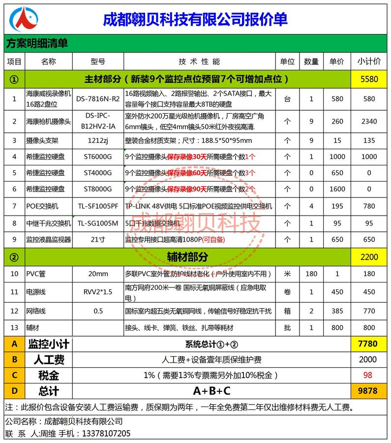 成都翱贝科技有限公司监控安装工程合同样本